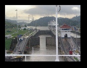 The gates open to allow us into the Pedro Miguel Locks, the last step in lifting us up 85 feet to the level of Gatun Lake.